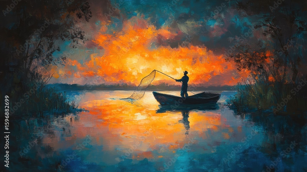 Naklejka premium Serene sunset fishing scene, tranquil water, fiery sky.