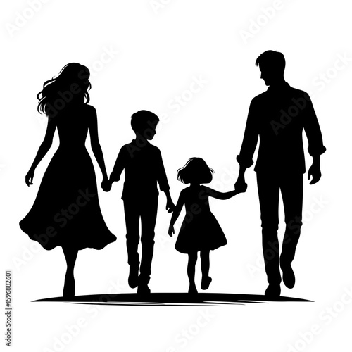 Family walking together in silhouette holding hands outdoors  
