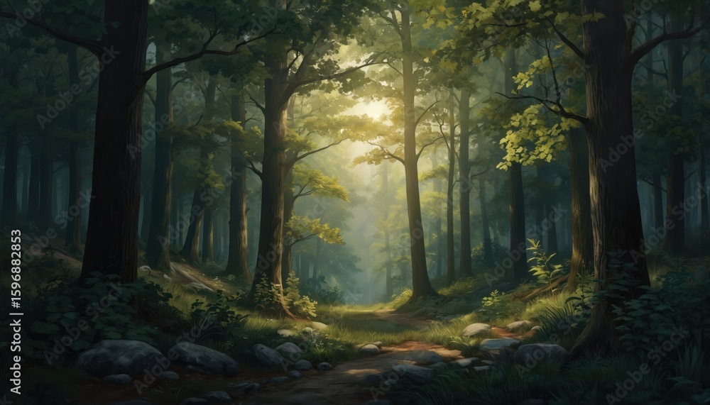Fototapeta premium Towering trees with rich green leaves stand in dense forest. Sunlight filters through foliage, casting soft light on forest floor with scattered rocks. Tranquil forest scene from low angle