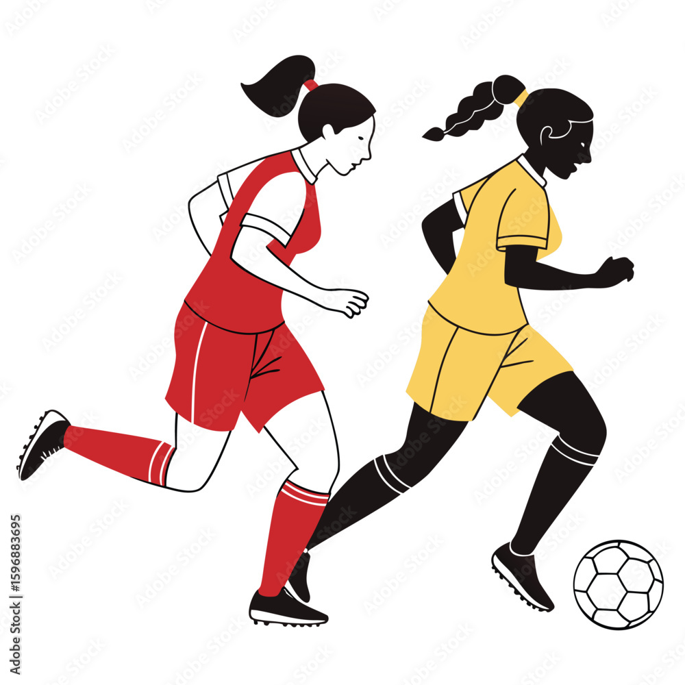 Fototapeta premium Flat Vector Illustration of Female Soccer Players Competing, Sports Design, girls playing football Vector Set, Action Poses with Ball