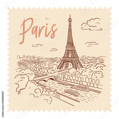 Eiffel Tower in Paris with the city in the background, top view. Paris landmark. Vector linear illustration. Doodle style. Postage stamp