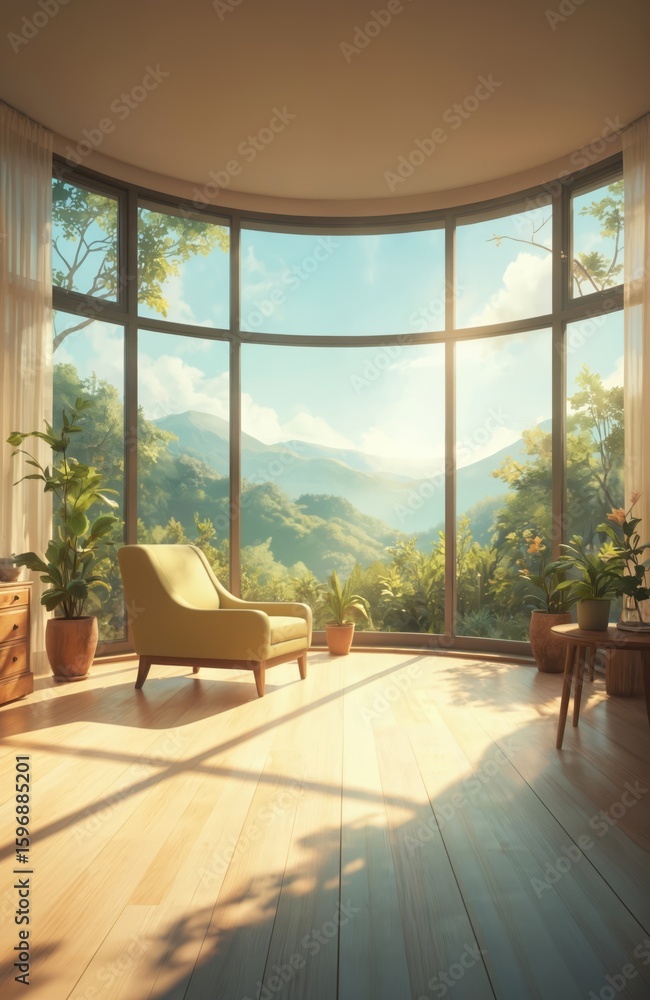 Fototapeta premium Modern living room interior with large curved window, wooden floor. Breathtaking view of mountain range. Comfortable green armchair, brown side table. Warm inviting color scheme with panoramic view