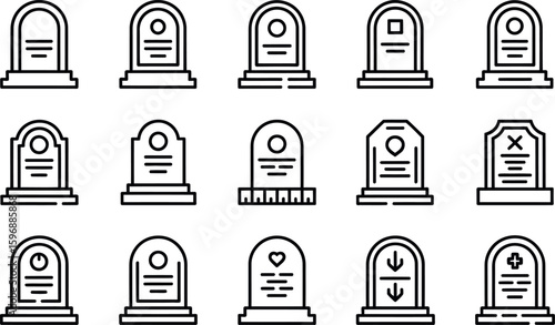 Vector illustration:  Simple line art gravestone icons set, somber mood.