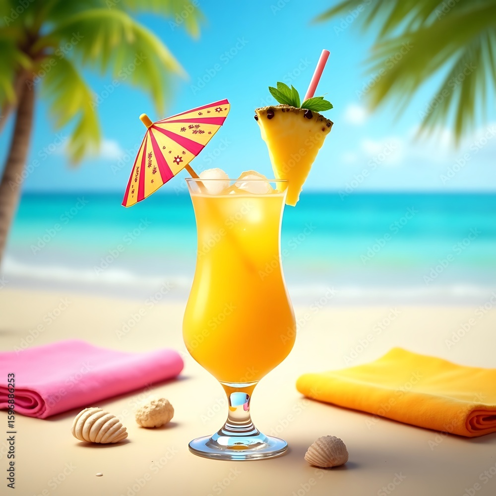 Obraz premium Refreshing tropical pineapple cocktail with umbrella and pineapple slice on sandy beach with palm trees and ocean background