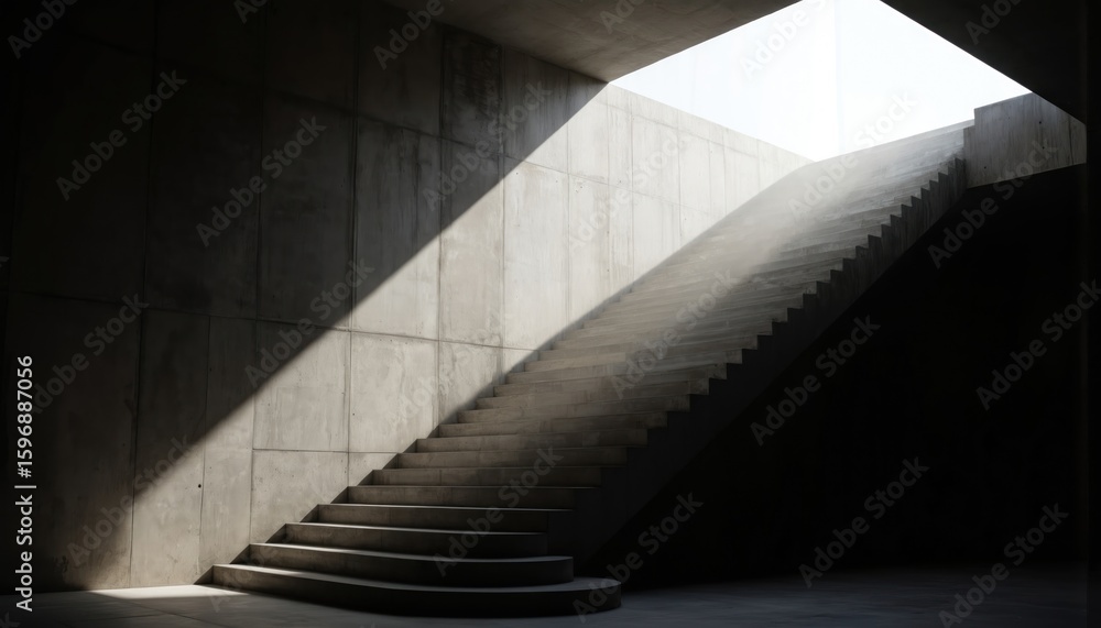 Obraz premium Serene indoor space with concrete ceiling, floor featuring row of evenly spaced concrete steps. Stairs illuminated from below, casting warm glow. Small window above provides glimpse of outdoor world.