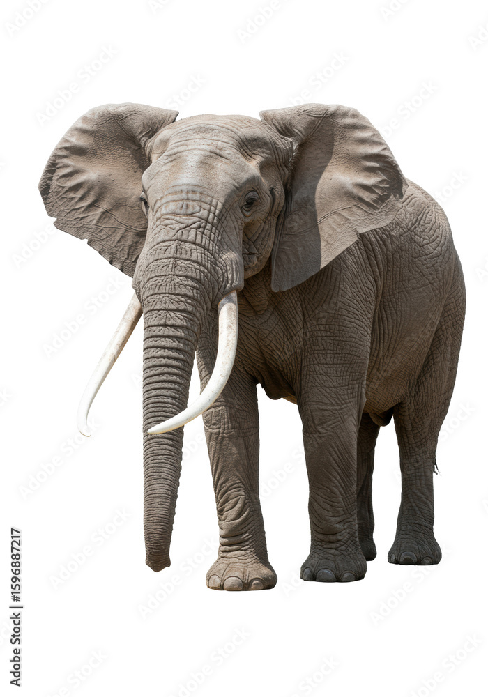 Obraz premium Adult African elephant walking with prominent fanned ears, long muscular trunk, heavy white tusks, deeply wrinkled grey-brown skin on transparent infinite background with copy space, studio lighting,