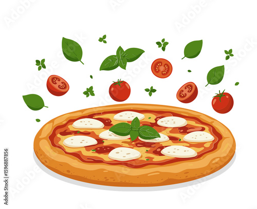 Pizza with cheese, tomatoes, and basil leaves on transparent background
