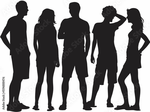 Silhouette of five people standing together in casual attire against a white background vector image created with generated ai