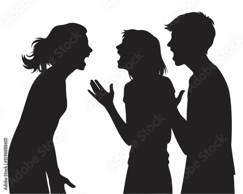 Silhouettes of three people arguing intensely with open mouths and raised hands in a heated discussion scene created with generated ai