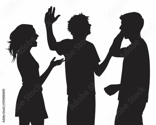 Silhouette of three people engaged in an argument with raised hands and expressive body language shown created with generated ai