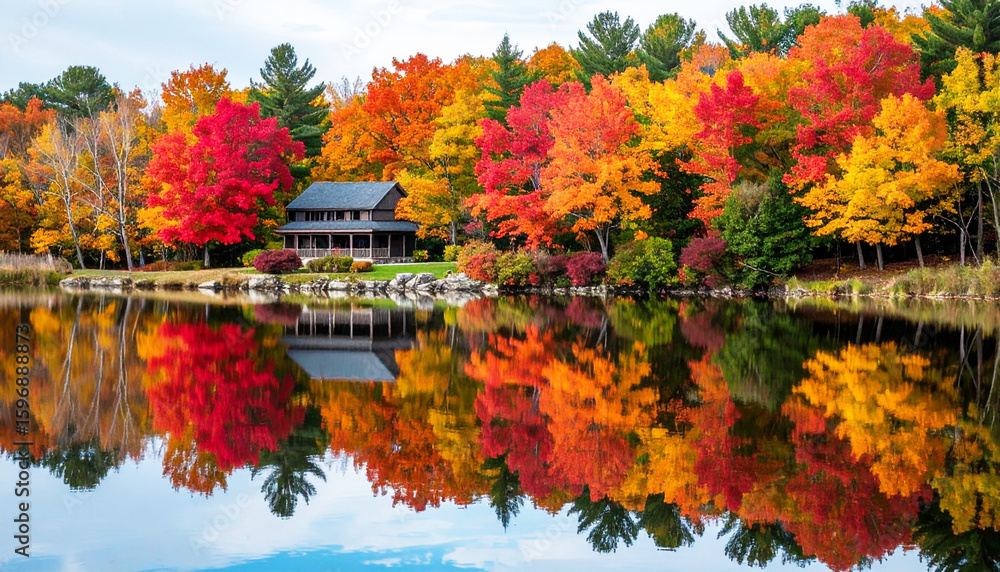 Obraz premium Colorful fall foliage reflection on a pond. AI