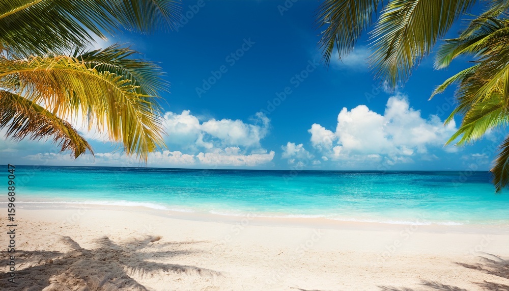 Obraz premium beautiful summer background with blue sky white clouds and palm trees on the tropical beach