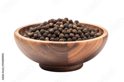 Wooden bowl filled with black pepper on transparent background.


