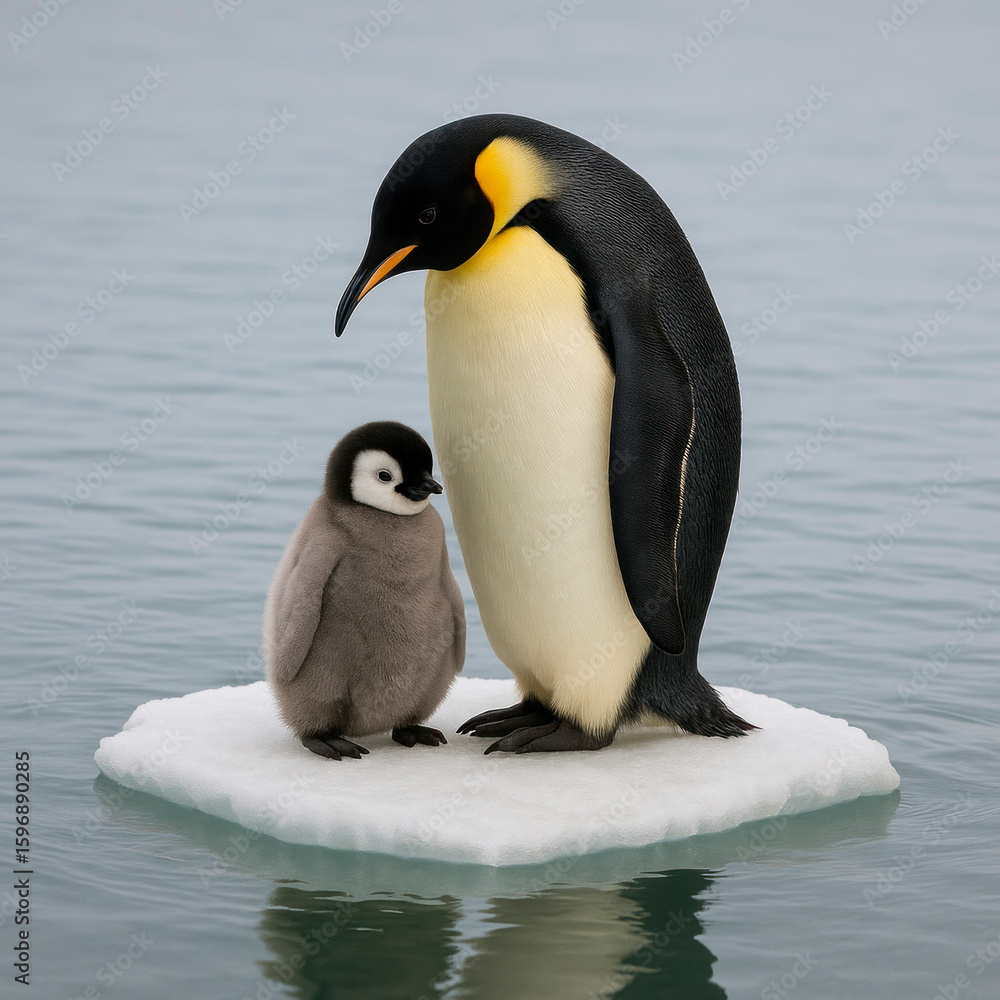 Obraz premium Emperor penguin with a chick on an ice floe.