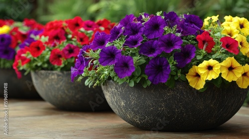 Colorful petunias in decorative pots.