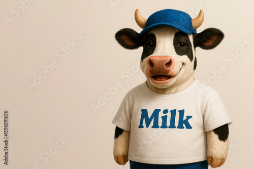 A cow wearing a T-shirt with the inscription Milk and a blue cap, on a light background. Space for text.