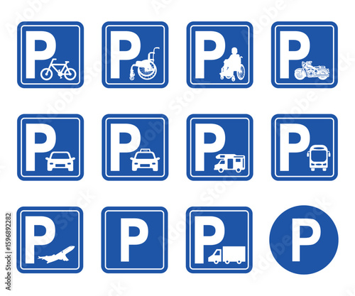 Parking road sign set vector. Parking sign for car, motorcycle, bus, disabled person, bicycle, campervan, and visitor parking signboard. Traffic signal vector sign. Road traffic sign collection