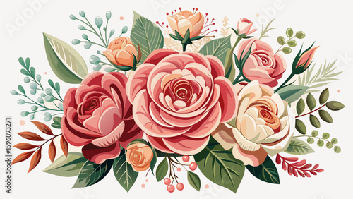 Romantic flower compositions with blooming roses and greenery form a stunning floral collection. Set on white background, this semi-realistic vector artwork evokes beauty, love, and timeless botanic