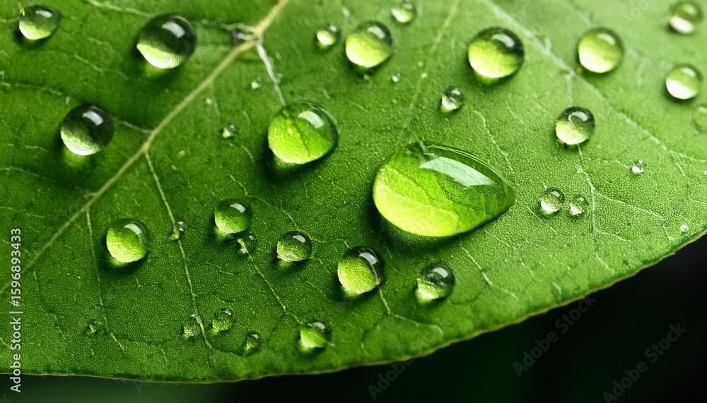 Fototapeta premium closeup of water droplets on vibrant green leaf showing detailed macro texture and natural beauty