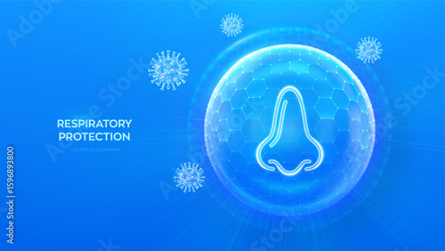 Human nose and respiratory system care. Protection from viruses, dust and allergens. Healthcare. Virus cell. Nose icon inside protection sphere shield with hexagon pattern. Vector illustration.