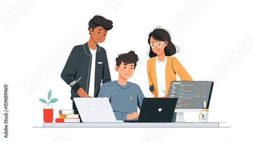 Diverse team working collaboratively on laptops