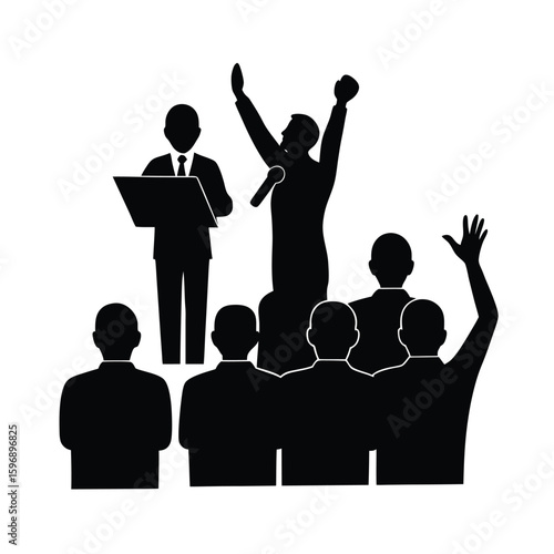 Silhouette of speaker addressing enthusiastic crowd at podium