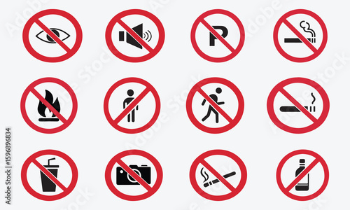 Free Download Set of 12 Red Prohibition and Warning Icons, no entry icon, no smoking sign, no pets vector, no phone icon, no Wi-Fi sign, no camera symbol, no fire icon, in Silhouette Vector on White Background - GFXLoad