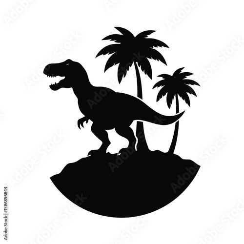 Silhouette of tyrannosaurus rex with palm trees