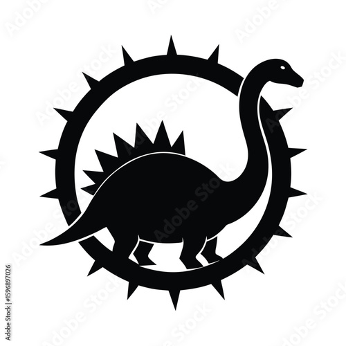 Silhouette of a brontosaurus within a spiked circle