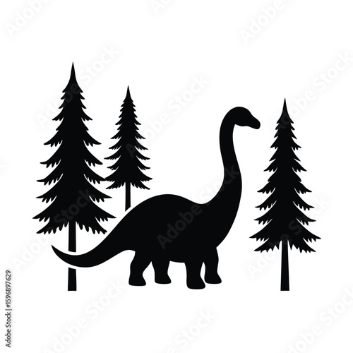 Silhouette of a brontosaurus dinosaur among pine trees