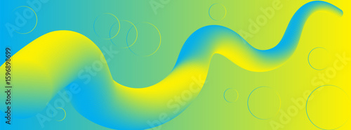 Vibrant abstract vector background with a smooth 3D gradient wave in yellow and blue, floating over a colorful backdrop with translucent circular shapes