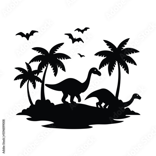 Silhouette of dinosaurs and palm trees in prehistoric landscape