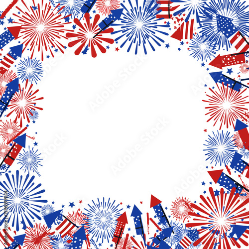 Celebratory Explosions of Light and Color Adorn a Square Frame with Red White and Blue Fireworks Rockets and Starbursts Creating a Festive Patriotic Border for Independence Day Celebrations