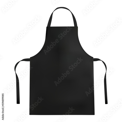Realistic mockup of black kitchen apron with neck strap and side ties, isolated on white background. Perfect for showcasing branding, cafe uniforms, cooking classes, restaurant staff gear
