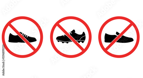 Illustration of three prohibition signs each with a different type of shoe inside indicating no footwear or specific shoe types allowed
