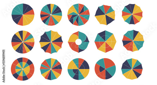 A Collection of Circular Patterns Illustrating Diverse Geometric Divisions and Color Combinations for Design Inspiration and Visual Analysis