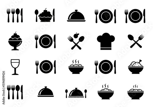 Culinary Collection Featuring Diverse Dining Utensils and Appetizing Food Presentation Styles