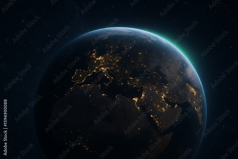Obraz premium View of Earth from space showing lights of cities at night over Europe and the Middle East