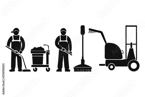 Cleaning crew with equipment and machines