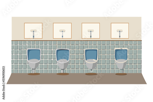 Row of four urinals in a tiled public restroom
