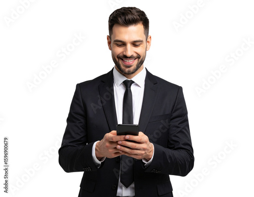 Man in suit using smartphone, PNG transparent