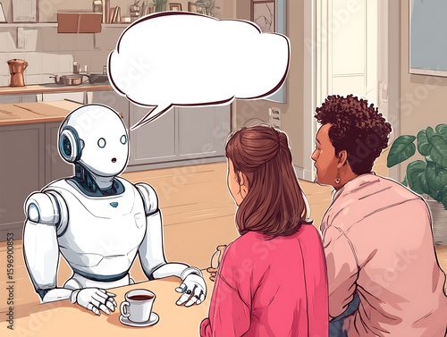 Friendly Robot Assisting Couple in Modern Kitchen Setting  Artificial Intelligence Home Assistance Technology Future