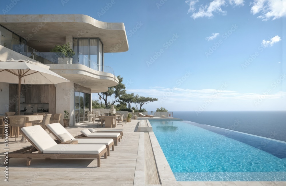 Fototapeta premium Luxurious beachfront property features infinity pool, offering breathtaking ocean view. Bright blue pool water contrasts with vibrant beach. Concrete balcony overlooks pool, curved house panoramic