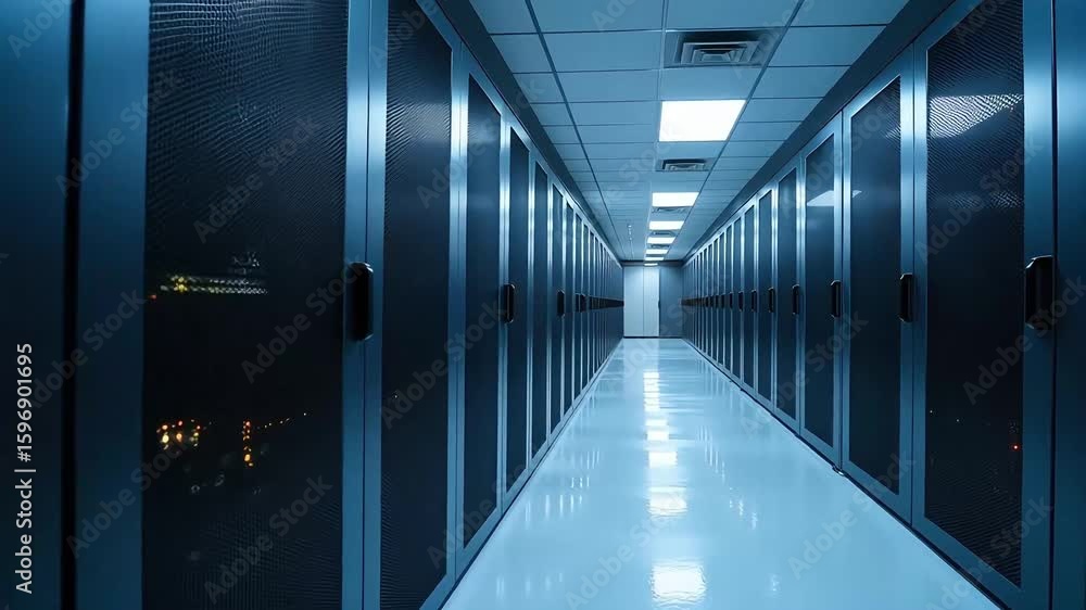 Server room hallway shows rows of data storage units and bright overhead lighting for data centers and cloud computing facilities Server room hallway shows rows of data storage units and bright overhead lighting for data centers and cloud computing facilities