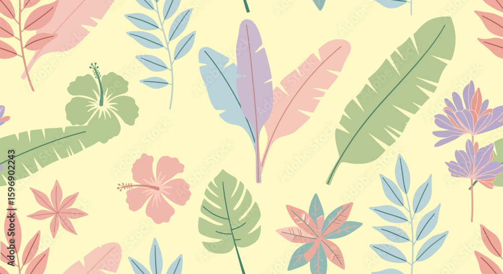 Fototapeta premium Pastel tropical floral seamless pattern featuring hibiscus, banana, and various leaves on a pale yellow background.