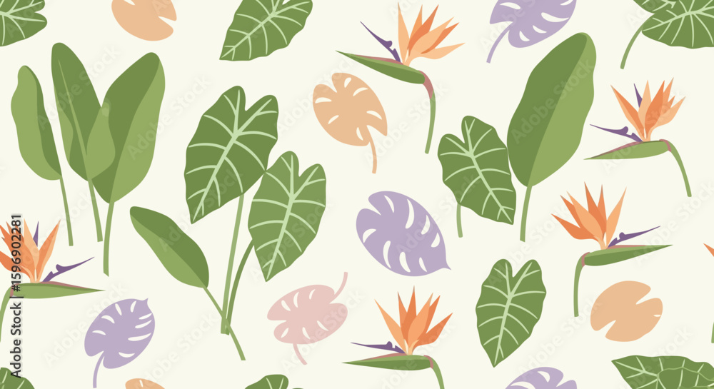 A repeating pattern featuring tropical leaves and vibrant Bird of Paradise flowers, creating a decorative design. A repeating pattern featuring tropical leaves and vibrant Bird of Paradise flowers, creating a decorative design.