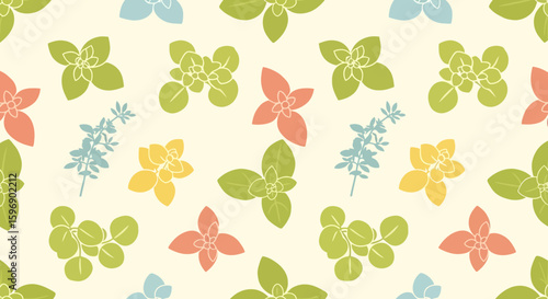Colorful herb pattern design with various herbs and flowers.