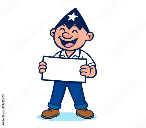 Illustration of Juan Pueblo holding blank sign. Popular Ecuadorian character with star hat in versatile cartoon style.  