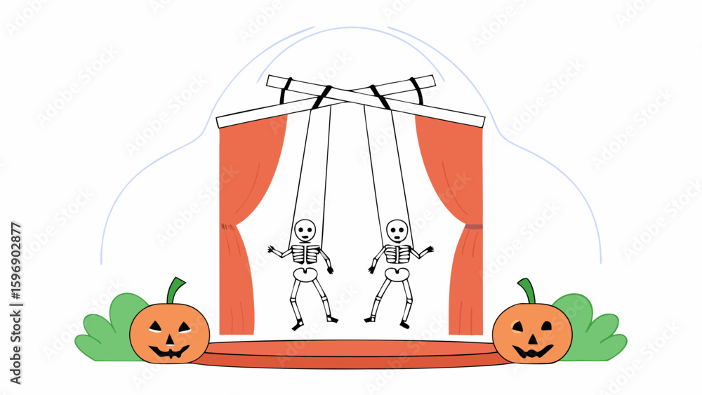 Naklejka premium Vector art of a halloween puppet show with skeletons and pumpkins on a stage