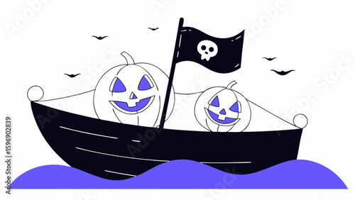 Vector art of pumpkins sail the ocean on a pirate ship for halloween